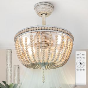 18" Boho Ceiling Fan with Light,Wood Beaded Fandelier & Remote with 4" & 8" Downrod, Bladeless Chandelier Fan Low Profile/6-speed/Reversible/Quiet Motor for Living Room Bedroom Kitchen