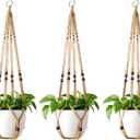 Mkono Macrame Plant Hanger Indoor Hanging Planter Basket with Wood Beads Decorative Flower Pot Holder No Tassels for Indoor Outdoor Boho Home Decor 35 Inch, Brown, Set of 3 (POTS NOT Included)