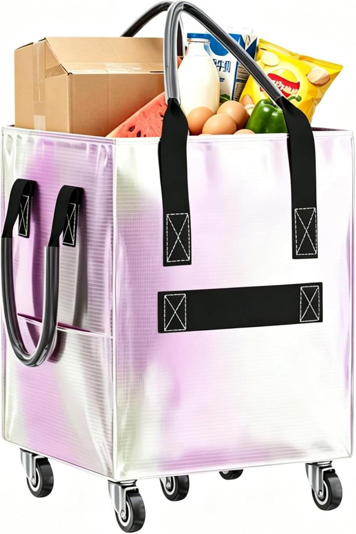 Reusable Grocery Bag on Wheels, Foldable Heavy Duty Rolling Tote Bag with 3 Handles for Shopping, Laundry, Moving, Storage