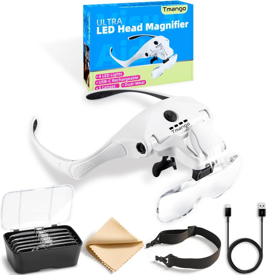 Rechargeable Head Magnifier with 4 LED Lights and 5 Lenses  Hands-Free Magnifying Headset for Close Work, Jewelry, Crafts, Eyelash Extensions, Magnifying Glasses Alternative