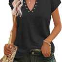 MixShe Womens Summer Tops Petal Short Sleeve Shirts 2024 V Neck Tshirts Spring Fashion Clothes Dressy Casual Tees Trendy Blouses Ladies Tunics Black Large