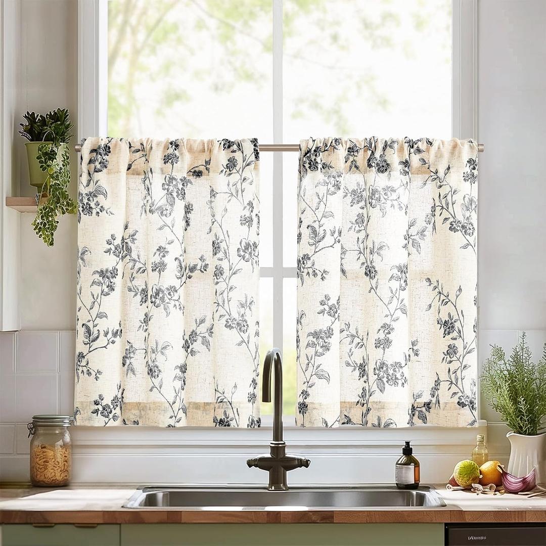 jinchan Floral Kitchen Curtains 30 Inch Linen Tier Curtains Farmhouse Cafe Half Window Drapes Over Sink Light Filtering Black on Beige for Living Room Laundry RV Rod Pocket 2 Panels, 26"W x 30"L (Pack of 2), Alisa Black on Linen