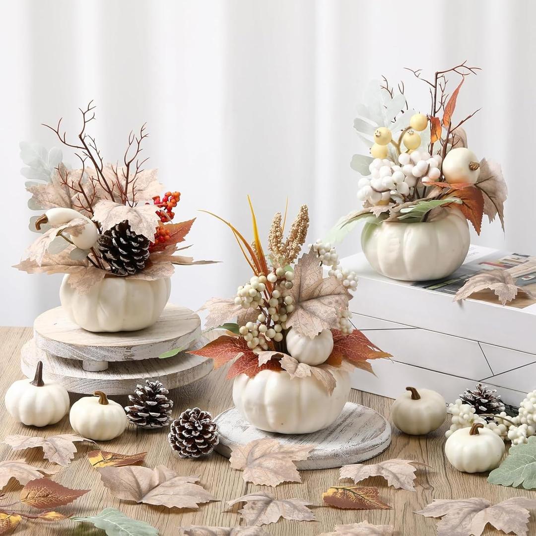 3 Pcs 9 Inch Fall Artificial Pumpkins Fake Pumpkin Centerpiece Decor Cozy Maple Leaves Styles Farmhouse Neutral Fall Decor Autumn Rustic Thanksgiving Fall Decoration for Home Indoor Outdoor