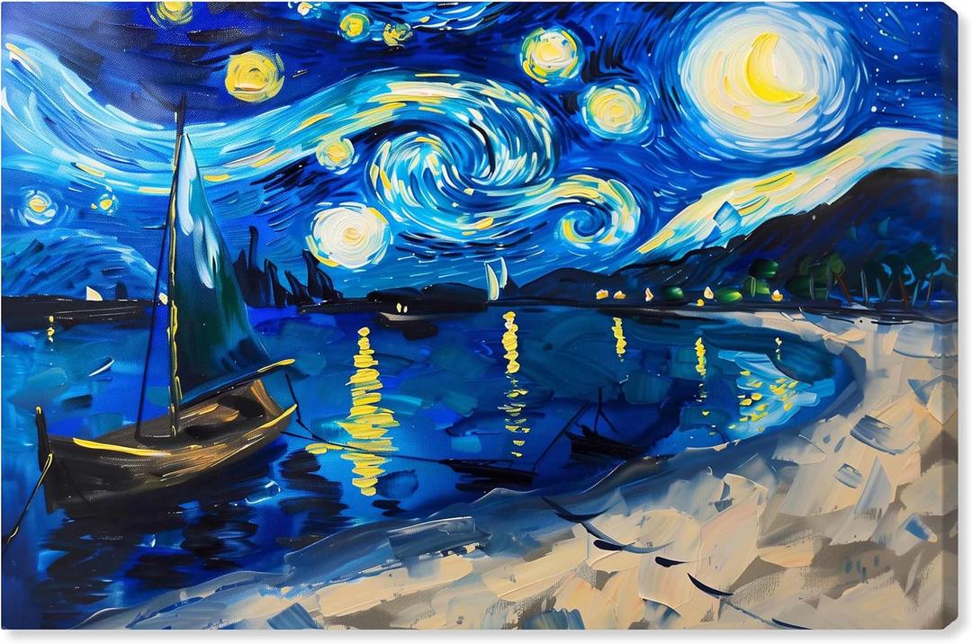 Whimsical Night Sail Gallery Wrapped Impressionism 1 Piece Canvas Wall Art/Monet And Van Gogh Inspired Art, 24" x 16", Gallery Wrapped (16L" x 24W")