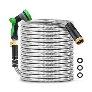 50Ft Metal Garden Hose durable stainless steel Water Hose, flexible, lightweight hose is resistant to kinks and tangles.With 10-way nozzle, strong 3/4” metal fittings, and a Stop Valve