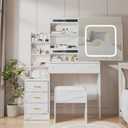 Vanity Desk with Mirror and LED Lights, Makeup Vanity Desk with Sliding Lighted Mirror, Power Outlet, Dressing Table with 4 Drawers, Storage Shelves & Stool for Bedroom, Marble-White