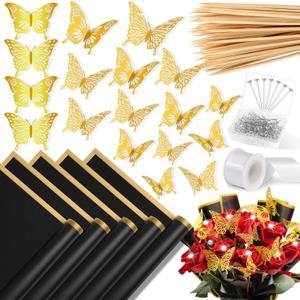 235Pcs Floral Wrapping Paper for Bouquet, Money Bouquet Kit with 20 Sheets Black Flower Wrapping Paper, Butterflies, Rhinestone Pins, Ribbons and Wooden Sticks for Flower Bouquets