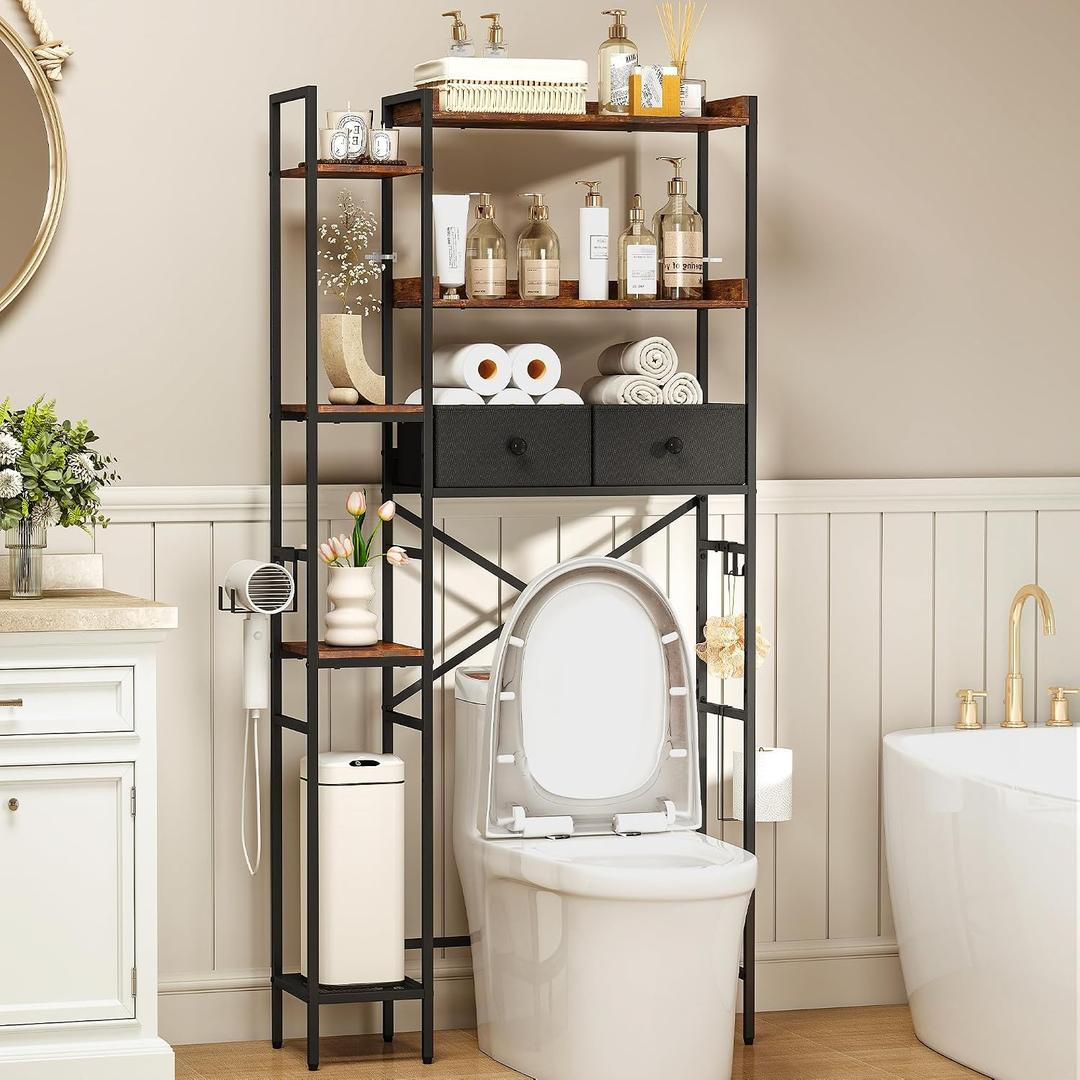 7-Tier Over the Toilet Storage Shelf, Large Bathroom Organizer with 2 Fabric Drawers, 4+3 Adjustable Side Shelves, Sturdy Freestanding Space Saver Rack with Hooks for Bedroom, Laundry, Brown, 60*24*177cm Pack of 28