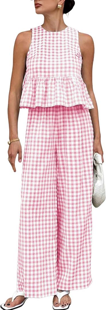 Tanming Women's 2 Piece Set Outfits Gingham Plaid Tank Tops Wide Leg Pants Matching Lounge Sets (Pink, M)