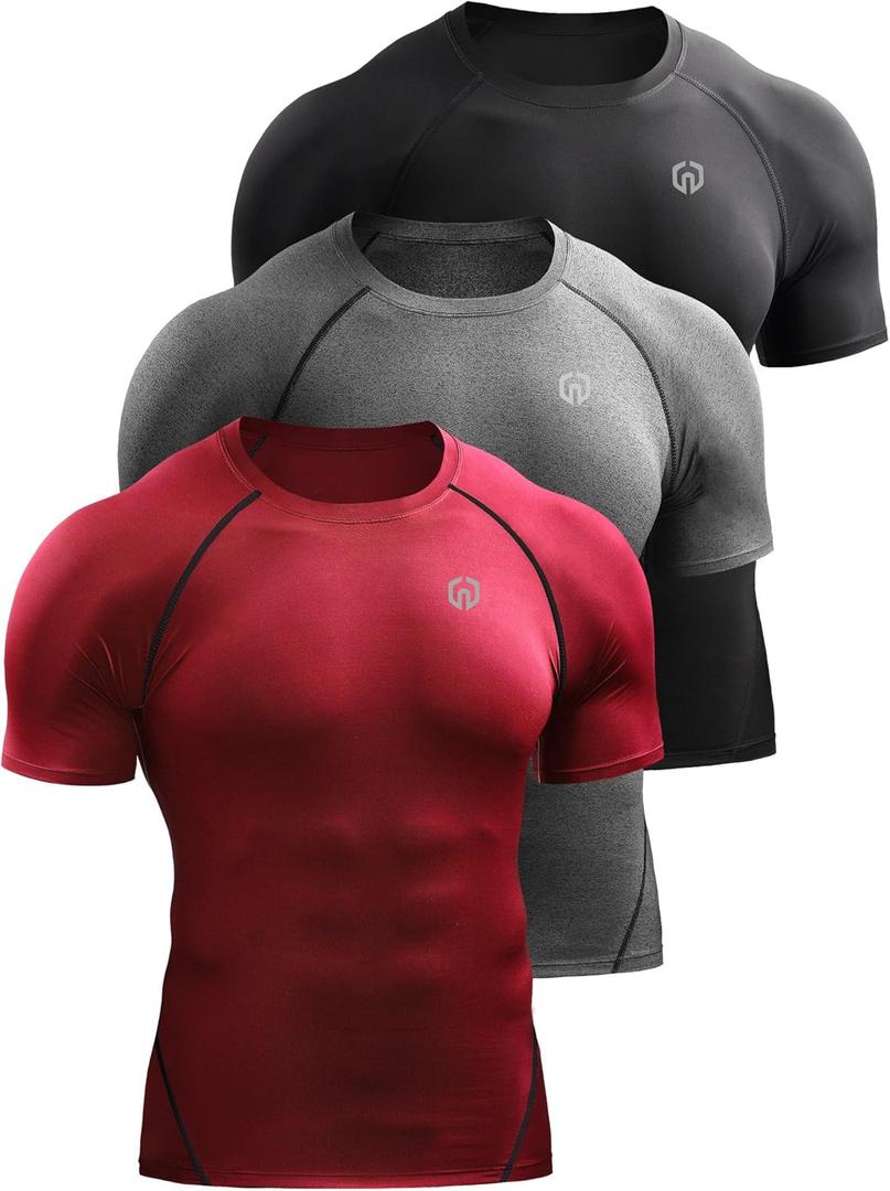 NELEUS Men's Compression Baselayer Athletic Workout T Shirts (Large, 5022 Black/Grey/Red)