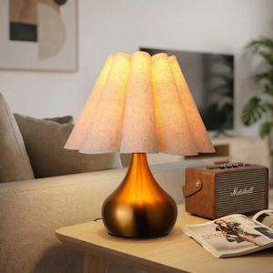 Small Table Lamp Pleated Table Lamp Fabric Shade Desk Lamp Gold Base Mini Bedside Nightstand Lamp with Beige Lampshade Cute Night Light Modern Lamp for Bedroom Home Living Room Kitchen Nursery Decor