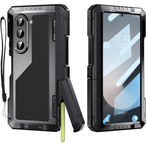 For Samsung Galaxy Z Fold 6 Case with Slim S Pen Holder (2023), Metal Bumper Premium Heavy Duty Shockproof Protective, Hinge Protection, Screen Protector, Rugged Phone Cover 5G, Black