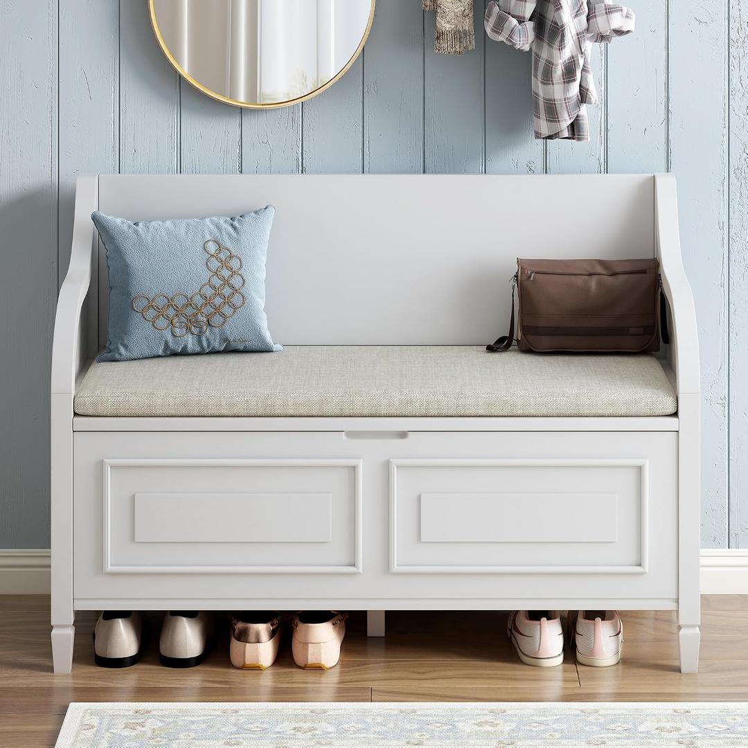 P PURLOVE 42 Inch Rustic Style Storage Bench with Safety Hinge,Solid Wood Entryway Multifunctional Storage Bench Shoe Bench with Removable Cushion for Living Room,Bedroom
