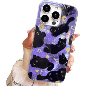 Compact Case for iPhone 14 Pro Max Black cat-Purple Design,Cute Trendy Soft Slim TPU Shockproof Protective Bumper Phone Cases Cover for Women Girls Aesthetic Glitter Shiny Adorable