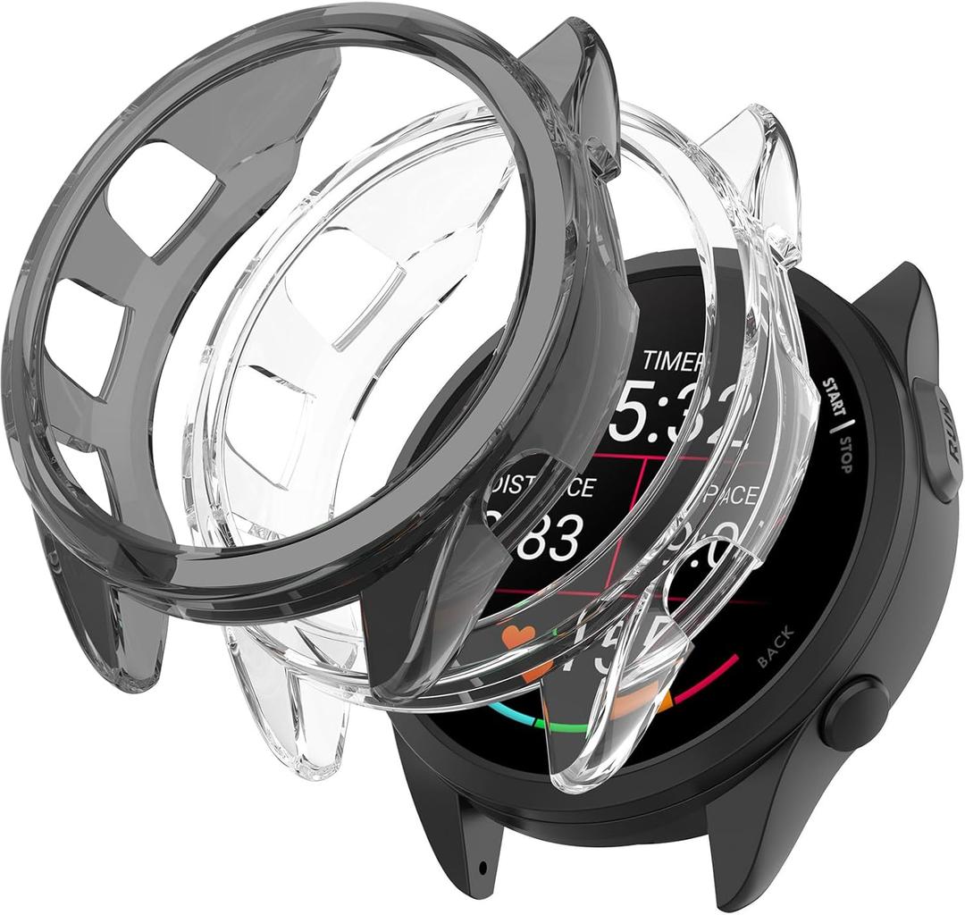 (2 Pack) Miimall Compatible with Forerunner 165 Music/Forerunner 165 Case, Soft TPU Ultra-Slim Shock-Proof All-Around Cover Protective Bumper Shell for Forerunner 165 Translucent Black