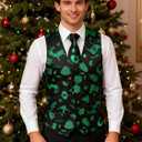 Hi-Tie Christmas Vest and Tie Set For Mens Print Shiny Suit Waistcoat Necktie Xmas Holiday Party Tuxedo Vest (Medium, Black and Green Reindeer)