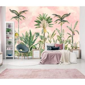 Watercolor Pink Tropical Botanical Leaf Wallpaper Mural for Nursery Girls Bedroom (Not Peel and Stick)