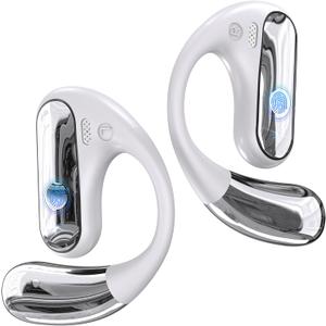 Open Ear Bluetooth 5.4 Headphones, 40Hrs Sport Earbuds, Ear Buds with Stereo Deep Bass and Built-in Mic, LED Display Charging Case, IPX7 Waterproof Earphones Equipped with Earhooks for Workout, White