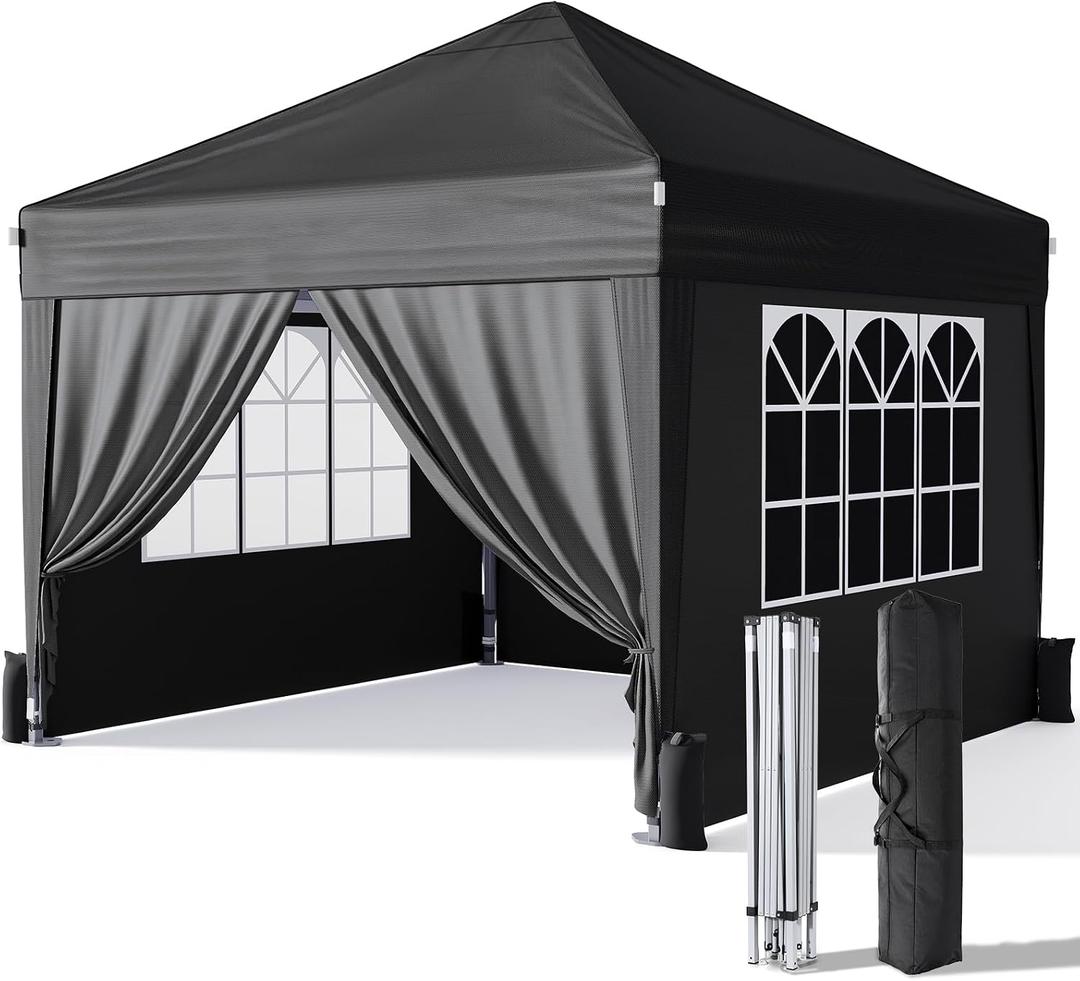 Driftalia 10x10 Pop Up Canopy with Sidewalls, Outdoor Instant Canopy Tent with Carry Bag for Commercial Events, Camping, Backyard Parties - Black