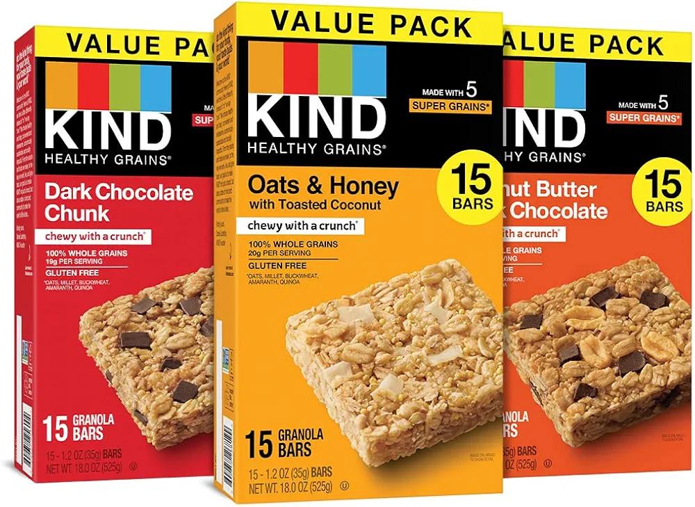 KIND Healthy Grains Bars, Variety Pack, Dark Chocolate Chunk, Oats & Honey, Peanut ButterDark Chocolate Snacks, Gluten Free, 1.2 OZ, 45 Count