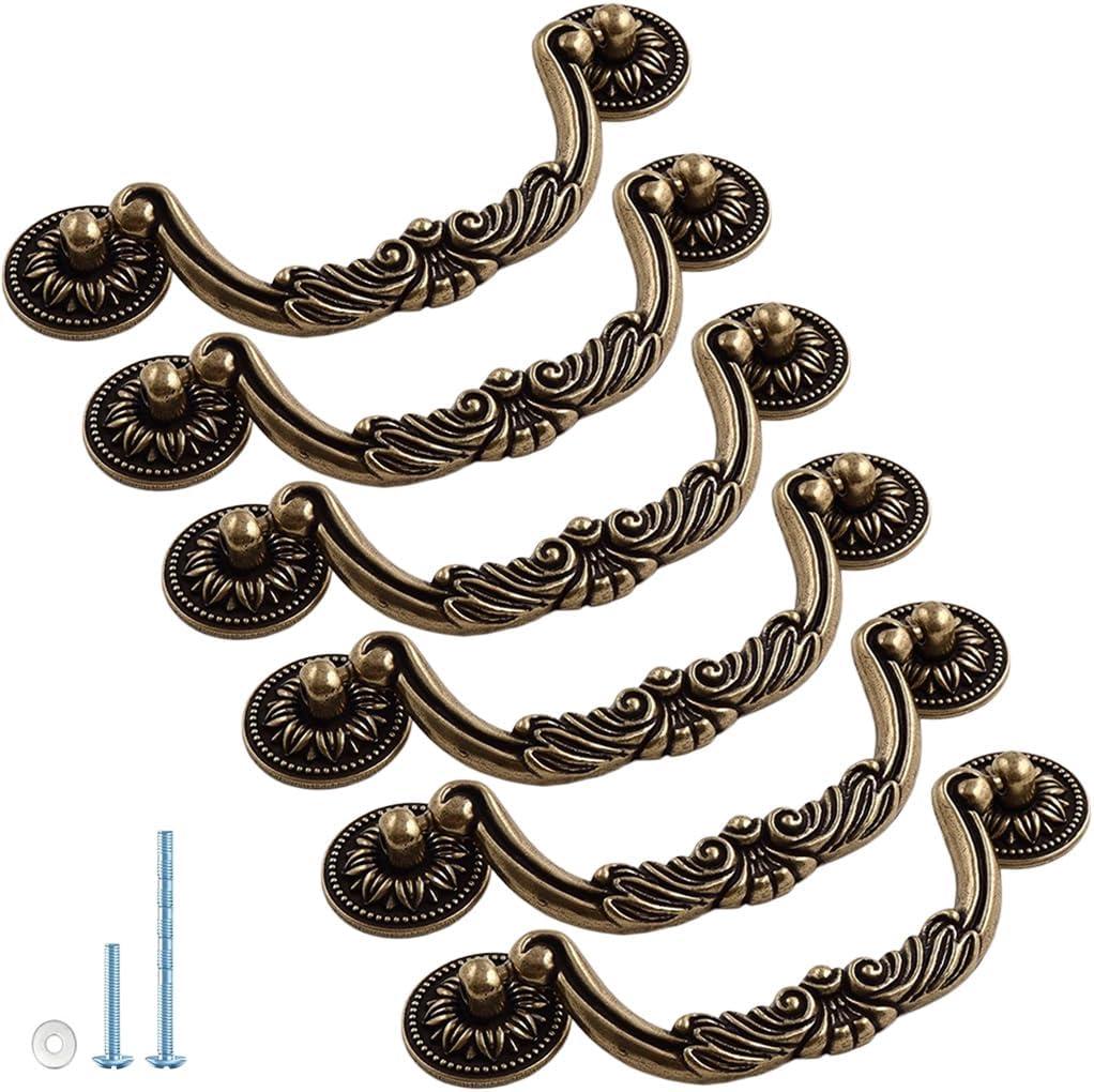 6PCS Antique Bronze Drop Bail Pulls,Vintage Carved Cabinet Pulls Handles,5.0" Hole Centers Retro Drawer Knobs,Texture on Handle for Drawer Dresser Closet with Screws (Large 5" Hole Centers)