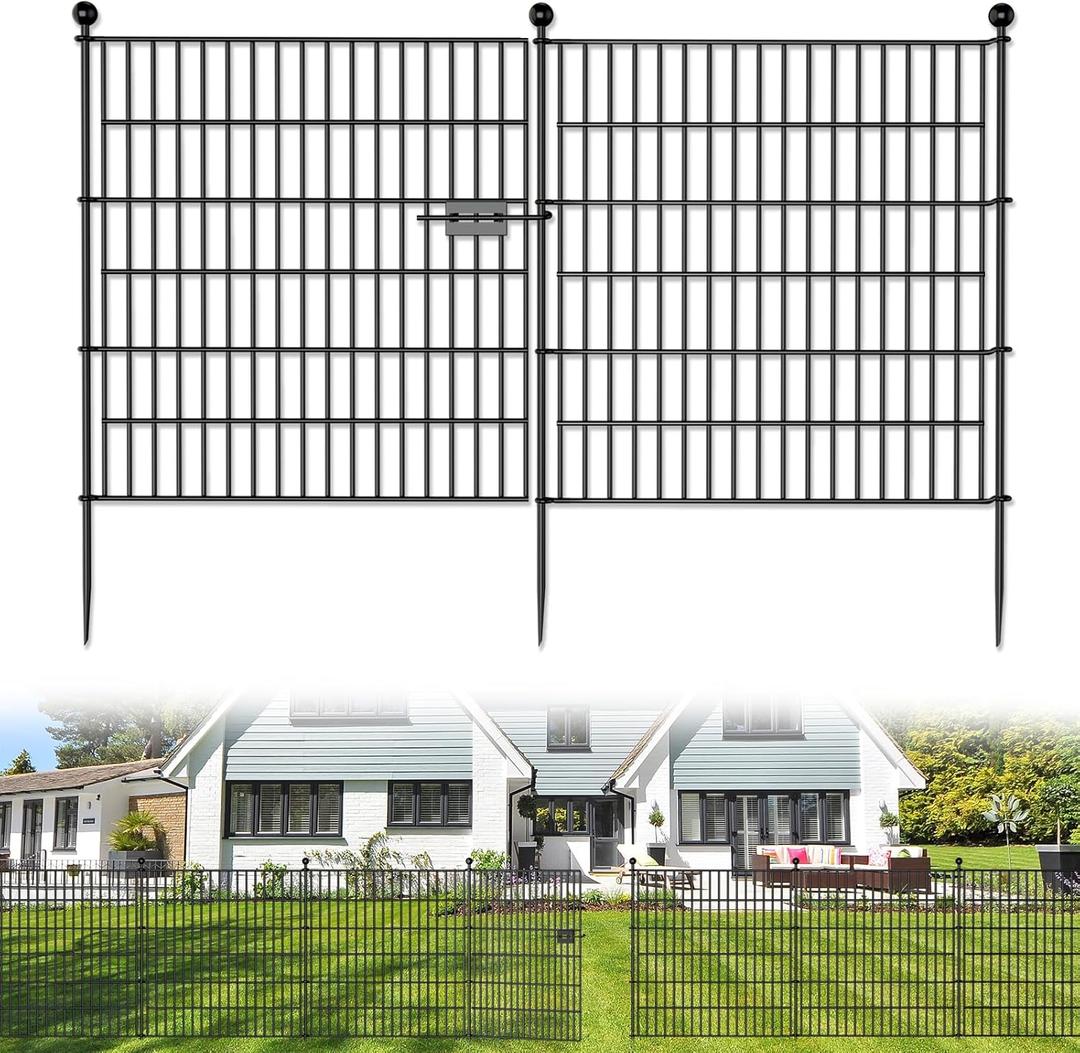 10 Panels No Dig Decorative Outdoor Garden Fence with Gate for Yard, 32 in(H) X 23.6 ft(L) Animal Barrier Fencing Rustproof Metal Wire Panel Border for Dog, Rabbits, and Patio Temporary Ground Stakes (10 Panels-23.6 ft(L) X 32 in(H) with Gate)