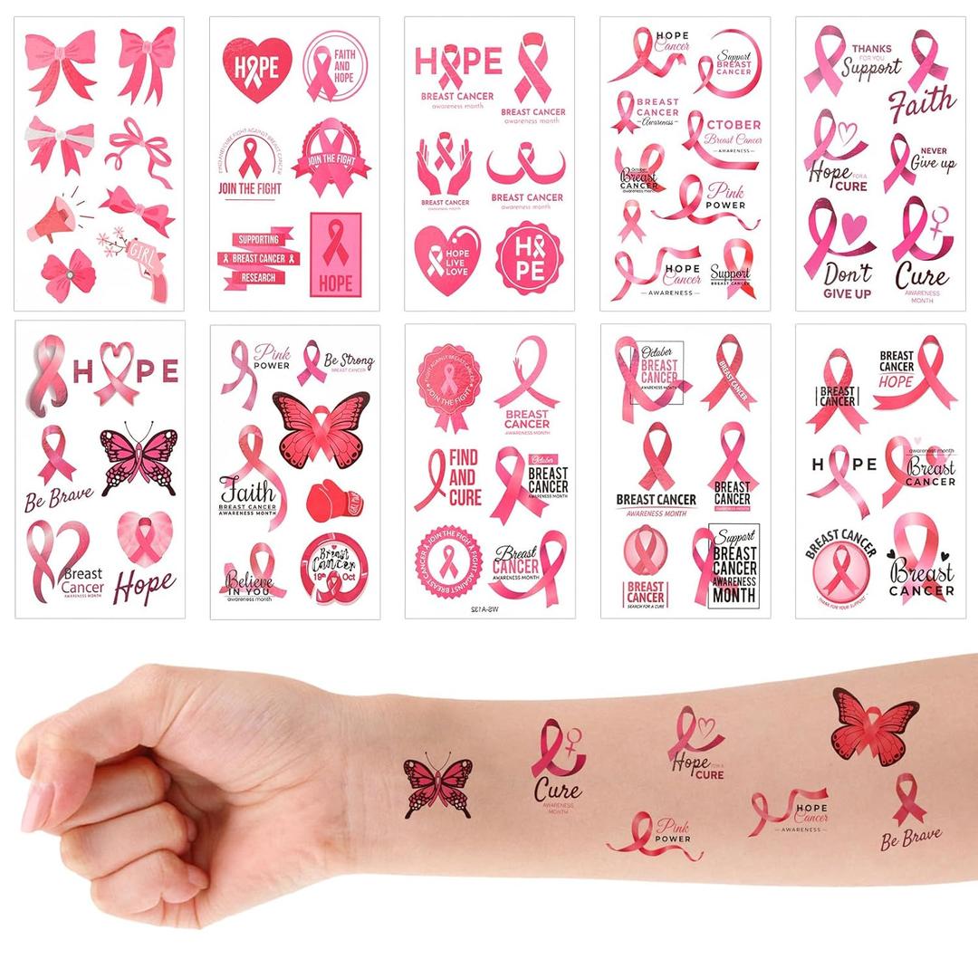 74 Pieces of Pink Ribbon Tattoos, Breast Problem Awareness Temporary Tattoos Breast Awareness Stickers Decorations Supplies for Women Foundation Events (Pattern A)