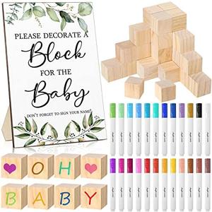 Tatuo 75 Pcs Baby Shower Games Sign Kit Including Decorate a Block Game Sign 50 DIY Wooden Block 24 Acrylic Paint Marker Baby Shower Prize for Gender Reveal Party(Greenery)