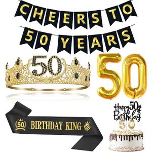 50th Birthday Gifts for Men, 50th Birthday Decorations for Men, Party Decor Supplies including King Crown & Sash & Banner & Balloons & Cake Topper & Candles