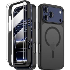 COOLQO for iPhone 17 Pro Case with Screen Protectors, Compatible with MagSafe, Military Grade 17FT Drop Protection, Shockproof Protective Dual-Layer Magnetic Translucent Matte Phone Cover, Black
