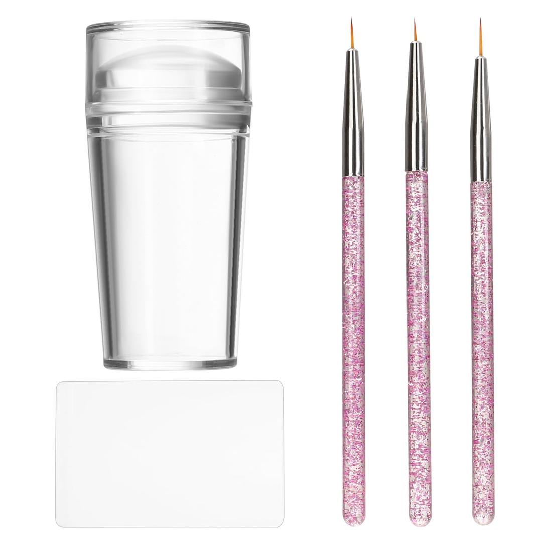 French Tip Nail Stamp Clear Silicone French Tip Tool French Tip Stamp French Manicure Kit French Nail Art Stamper Kit with Scrapers and Nail Art Brushes for French Manicure Home DIY Salon 5 Pcs