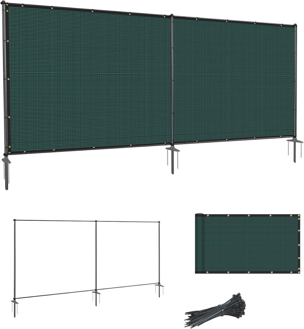 SunnyRoyal 5' x 12' Privacy Fence Screen Panel with Iron Poles Freestanding No Dig Heavy Duty Windscreen Mesh Fabric Temporary Dog Fencing for Outdoor Backyard Patio Garden (Green)