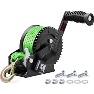 Kolvoii 1200lbs Boat Trailer Winch with 26FT Strap, Portable Hand Crank Winch 2-Way Ratchet 4:1 Gear Ratio, Comfortable Handle for Boat, Trailer, Marine, and Jet Ski - Green