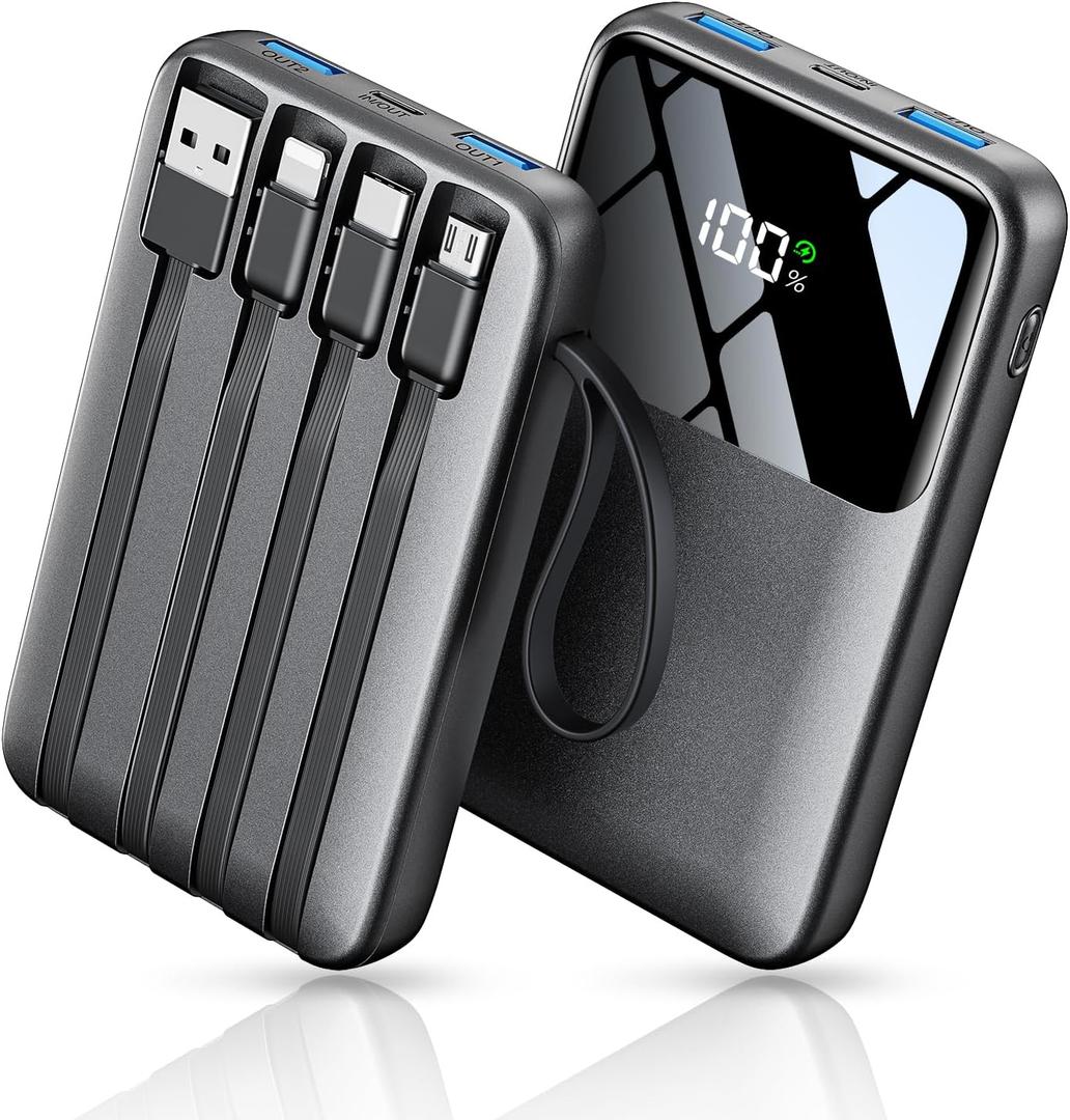 Power Bank, 15000mAh Portable Charger with Built in Cable, 22.5W Fast Charging, 6 Outputs, Slim Travel Essential Battery Pack with LED Display, Compatible with iPhone 17/16/15/14/13, iPad Black