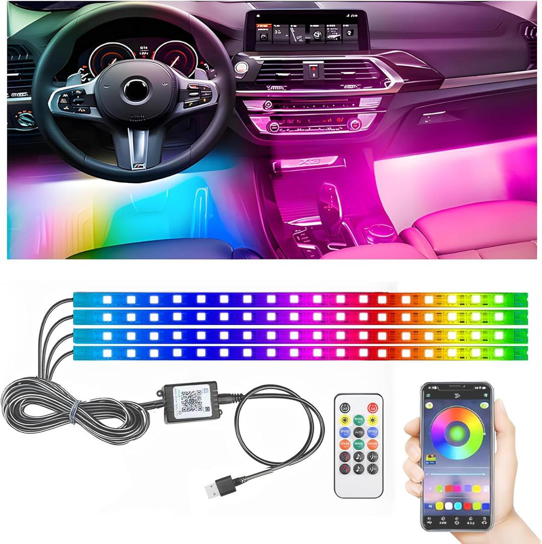 STONEBANKS 5.9FT Car LED Strip Lights, 72LEDs Smart RGB Car Interior Lights with APP & Remote Dual Control, Multicolor Music Sync and Mic Mode 4-in-1 Lines Design LED Lights for Car Decor