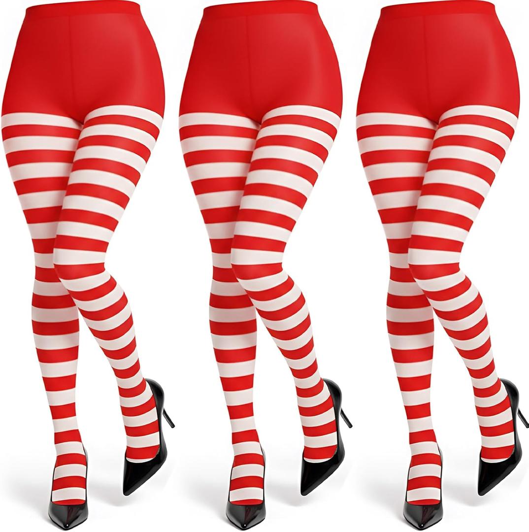 Hicarer 3 Pairs Mardi Gras Striped Tights for Women Elastic Striped Leggings Footed Tights for Mardi Gras Costume White and Red Stripe) (Red)