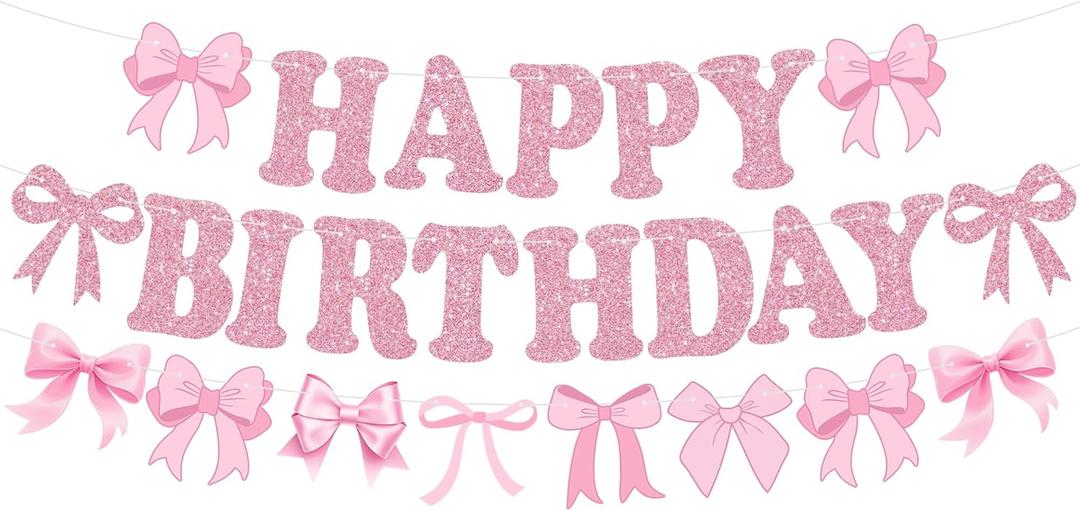 Glitter Pink Bow Happy Birthday Banner Pre-Strung Coquette Birthday Decorations Bow Theme Party Backdrop Sign Garland Pink Bow Party Supplies Decorations for Women Girls,NO-DIY