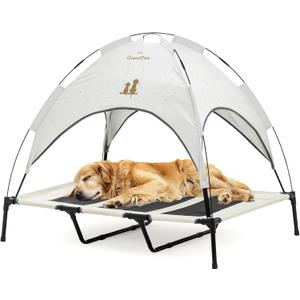 GRANDTIES Cooling Elevated Dog Bed with Canopy  XL Portable Pet Cot for Outdoor & Indoor Use  Waterproof Removable Shade, Breathable Mesh, Slip-Resistant Feet, Easy Assembly  Ivory White