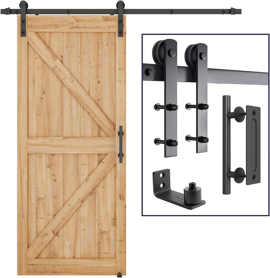 SMARTSTANDARD 6.8 FT Heavy Duty Sturdy Sliding Barn Door Hardware Kit, Black, (Whole Set Includes 1x Pull Handle Set & 1x Floor Guide) Fit 36"-40" Wide Door Panel (I Shape Hanger)