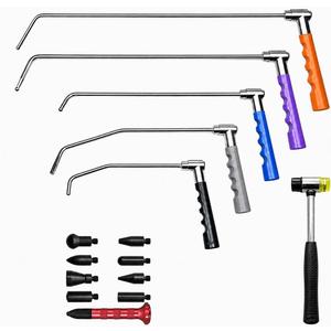 360° Rotating Rod Set, 5Pcs Adjustable Paintless Dent Removal Rod Tools with Rubber Hammer, Knockdown Pen and Interchangeable Tips, Auto Body Repair Tool Set for Door Dings, Hail Damage
