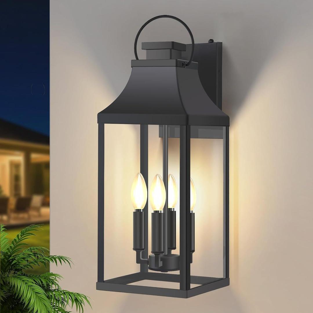 Dusk to Dawn Outdoor Wall Lantern, Black Modern Exterior Lights, 1 Pack 22''
Auto On-Off, 2-E12 Base, Large Porch Wall Sconce Lights, Waterproof Outside Sensor House Lights for Patio Garage, Metal Frame