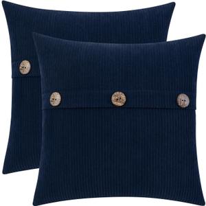HWY 50 Navy Blue Chenille Throw Pillow Covers 18x18 Inch with Triple Buttons, Soft Farmhouse Accent Decorative Cushion Cases for Couch Sofa Bed Living Room Pack of 2 Navy Blue