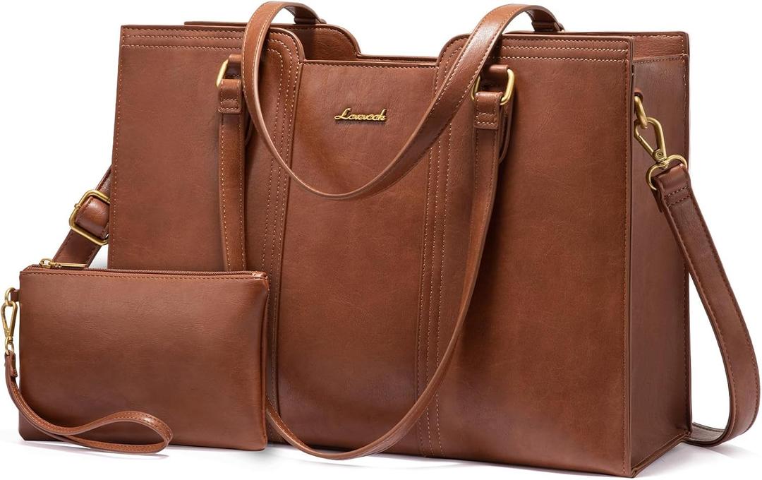 LOVEVOOK Laptop Bag for Women - Waterproof Work Bag for Women & Vintage Laptop Tote Purse with Wristlet (17.3 inch, Brown)