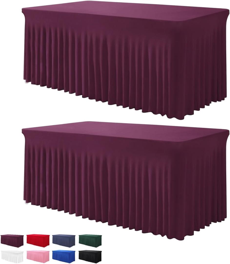 Table Skirts for Rectangle Tables 6ft - 2 Pack One-Piece Burgundy Tablecloths and Skirt, Wrinkle Resistant Ruffles Elastic Cover for Banquets, Weddings, Events, Parties (72" x 30" (Rectangular) 2Pack)