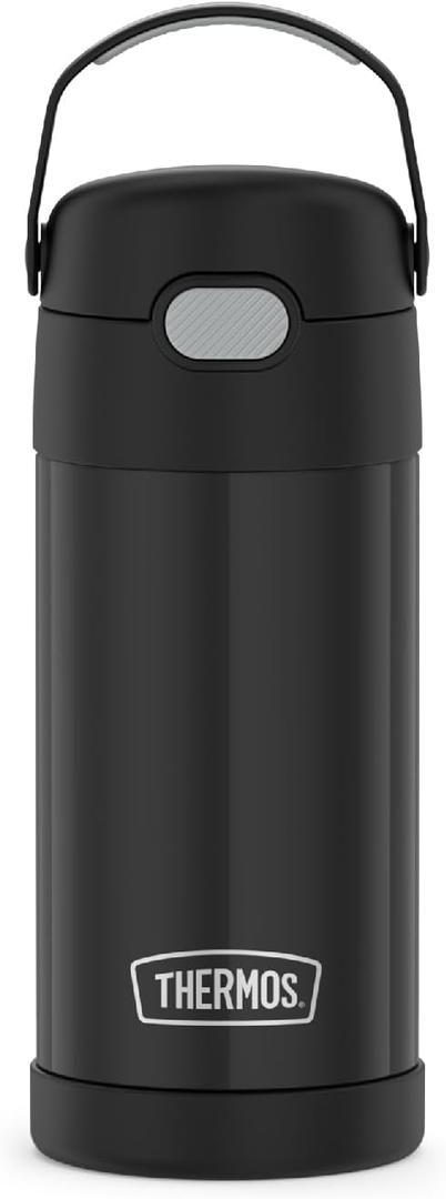 THERMOS FUNTAINER Water Bottle with Straw - 12 Ounce - Kids Stainless Steel Vacuum Insulated Water Bottle with Lid, Black