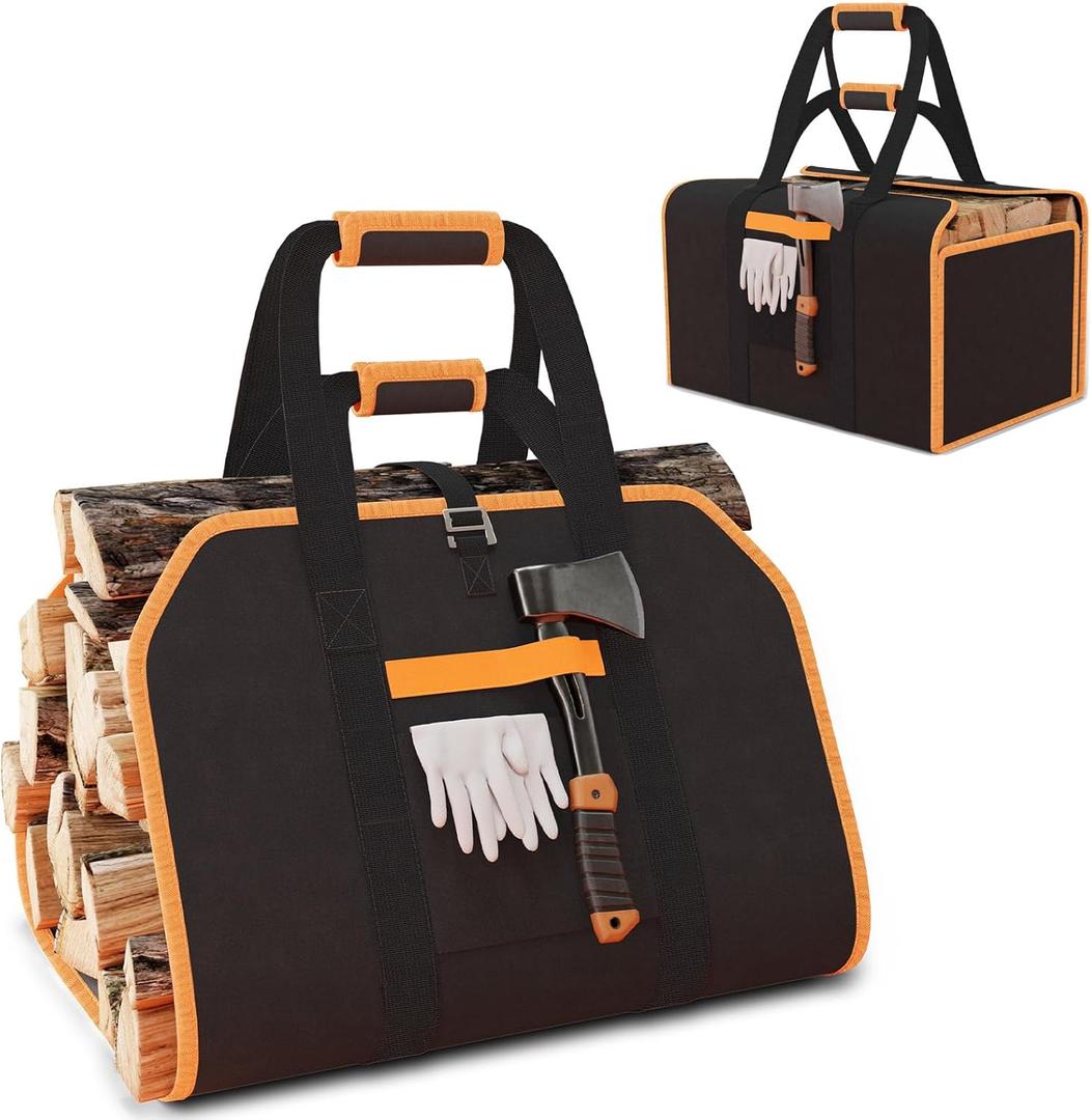 YOHOOLYO 2 In 1 Firewood Carrier, Waxed Canvas Large Fireplace Log Carriers Heavy Duty Firewood Tote Bag Log Holder with Handles Strap for Fireplace Indoor Outdoors Camping