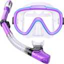 Kids Snorkel Set, Anti-Fog Panoramic Tempered Glass Kids Snorkel mask, Anti-Leak Scuba Diving Mask with Mesh Bag, Dry Top Snorkeling Gear for Kids and Youth Age 4-16 (Blue+Purple+Transparent)