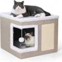 petizer Cat Bed for Indoor Cats, Large Covered Cat House with Scratch Pad, Foldable Cat Cave Bed & Hideaway Cube with Reversible Cushions, Cute Cat Condo for Multi Small Pet Kitten (Khaki) (Normal Wide)