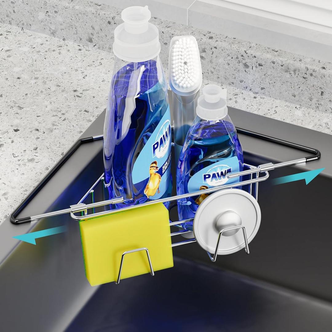 NiHome Extendable Arm Stainless Steel Kitchen Sink Corner Caddy, Easy Install Space-Saving Adjustable Sponge Holder for All Sink Types, Non-Slip Rust-Resistant for Brushes, Soap, Sponges (Silver)
