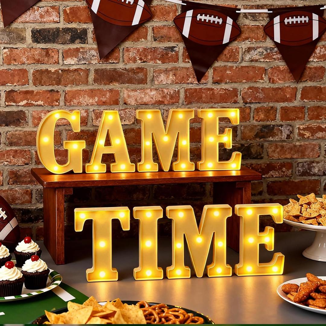 Game Time Decorations, Letter Sign LED Lights Battery Powered, Super Game Football Bowl Light Up Table Decor Hanging Party Decorations Indoor Outdoor